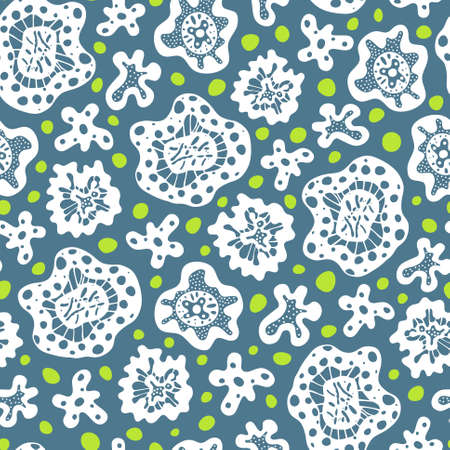 Seamless pattern with white abstract shapes and green circles on blue backgroundのイラスト素材