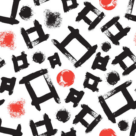 Abstract seamless pattern with grunge frames, black and red circles on white backgroundのイラスト素材