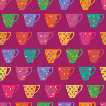 Bright seamless pattern with multicolored tea cups in polka dot on purple backgroundのイラスト素材