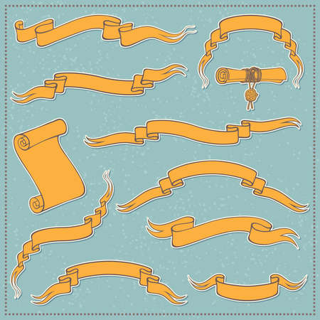 Set of orange ribbon banners and scrolls in vintage style on turquoise backgroundのイラスト素材