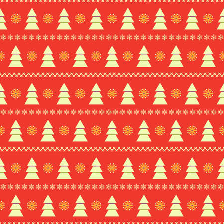 Christmas seamless background with white fir trees and strips from snowflakes on red backdropのイラスト素材