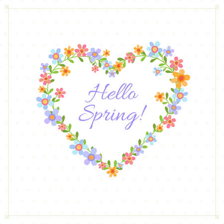 Background with frame with heart shape from cute multicolored flowers on white and text Hello Springのイラスト素材