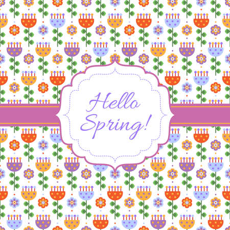 Background with flowers in yellow, red, blue and lilac colors on white background with frame and Hello Spring textのイラスト素材