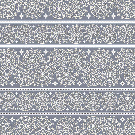 Abstract seamless pattern with ornamental stripes from beige spirals on blue background, divided brown dashed lines on whiteのイラスト素材