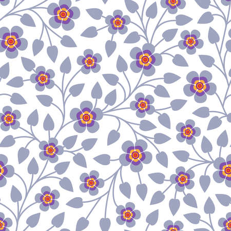 Decorative seamless pattern with flowers in blue, yellow, red and lilac colors on white backgroundのイラスト素材