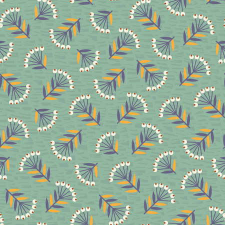 Abstract seamless background with plants and berries in white, dark blue and yellow colors on green...