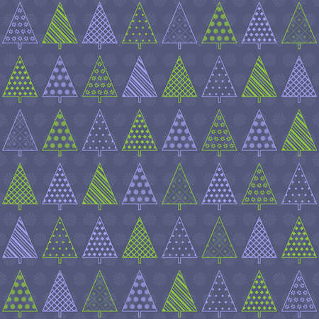 Seamless background with decorative fir trees in green and lilac colors on dark blue backdropのイラスト素材