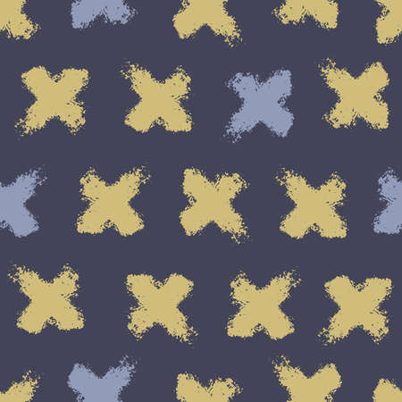 Abstract seamless background with crosses in beige and light blue colors on dark blue backdropのイラスト素材
