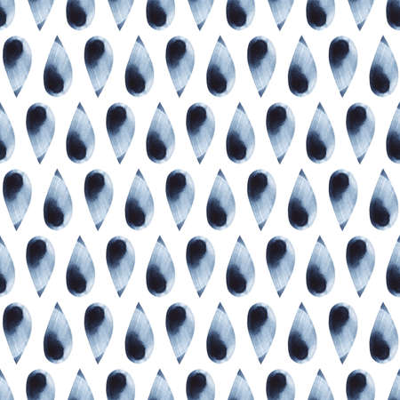 Abstract seamless pattern with watercolor grey-blue decorative drop shapes with dark stains placed in direct and inverse position on white backgroundの写真素材