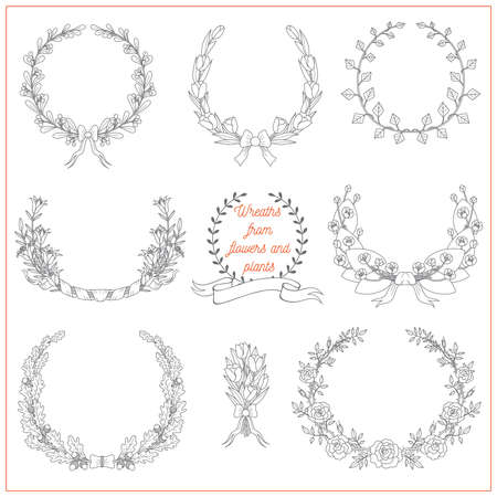 Set of decorative elegant wreaths from flowers and plants, such as rose, lily, tulip, spatter-dock, oak, ivy on white background. Can be used for invitations or greeting cards.のイラスト素材