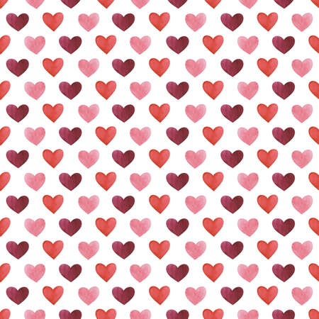 Seamless background with watercolor hearts in red, pink and burgundy colors on white backdrop