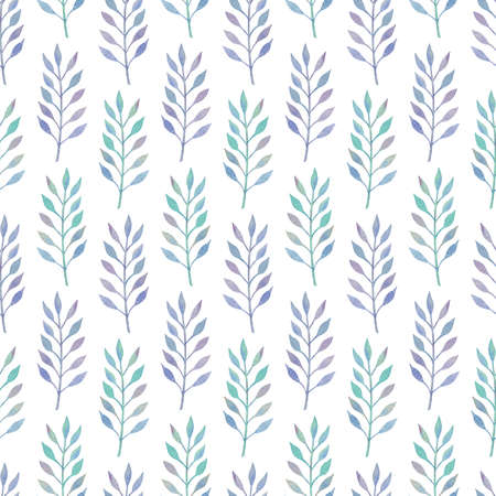 Abstract seamless background with blue-green watercolor leaves on white backdropの写真素材