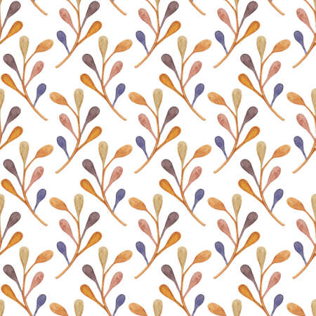Abstract seamless background with watercolor plants in orange, beige, brown and blue colors on white backdropの写真素材