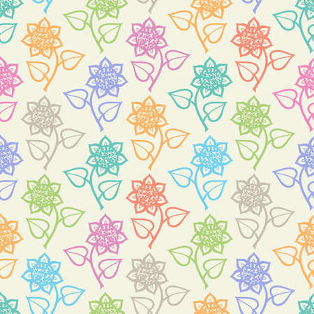 Seamless pattern with flowers in blue, orange, lilac, beige, green, turquoise and purple colors on white backgroundのイラスト素材
