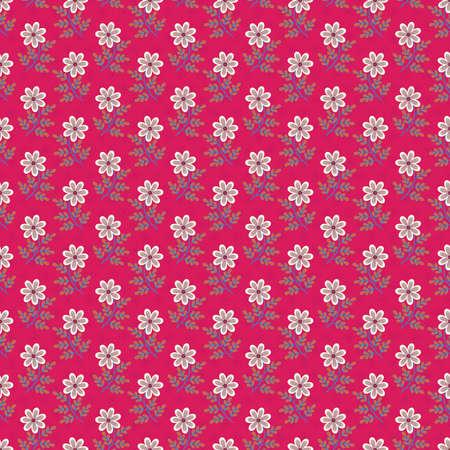 Seamless background with white and beige flowers with orange leaves on red backdrop
