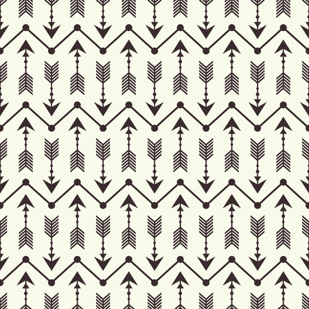 Abstract seamless pattern with dark brown vertical arrows and horisontal zigzag lines on creamy white backgroundのイラスト素材