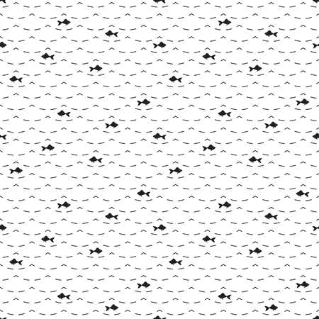 Seamless pattern with small black fishes swimming in different directions in decorative dashed sea waves on white backgroundのイラスト素材