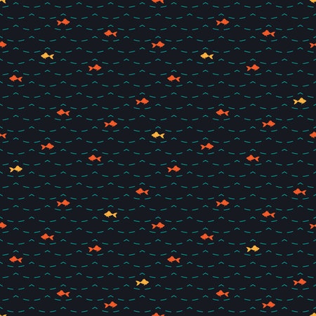 Seamless background with red and yellow small fishes swimming in different directions in decorative dashed turquoise sea waves on dark blue backdropのイラスト素材