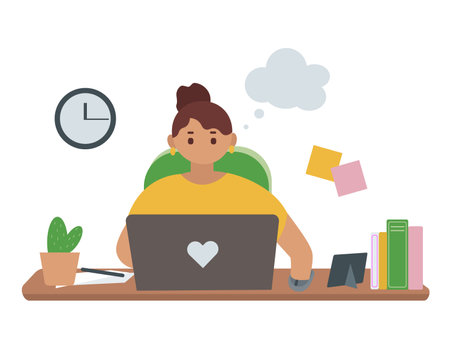 Woman working from home. Freelance, remote work, self-isolation. vector illustration.のイラスト素材