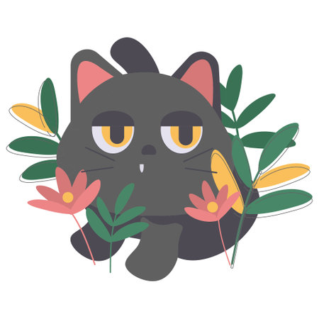 Cute black cat with flowers. Vector illustration in flat style.のイラスト素材