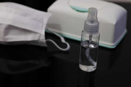 White Mask and Alcohol Disinfection Spray and Disinfection Sheetの写真素材