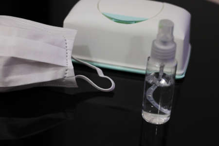 White Mask and Alcohol Disinfection Spray and Disinfection Sheetの写真素材