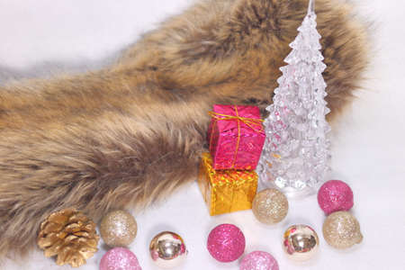 Fur Stall and Christmas Glittery Decoration (White Background)の写真素材