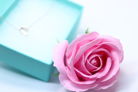 Heart necklace and pink rose in gift boxの写真素材