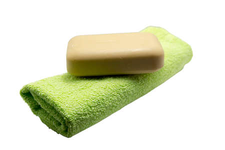 Close-up of a towel with a bar of soapの写真素材