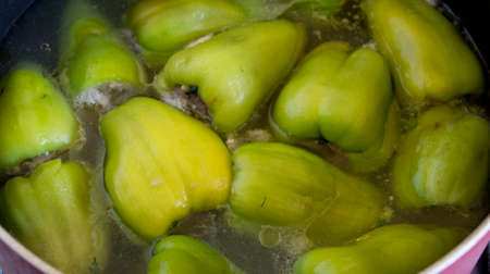 Boiling Green Peppers stuffed with rice and meatの写真素材