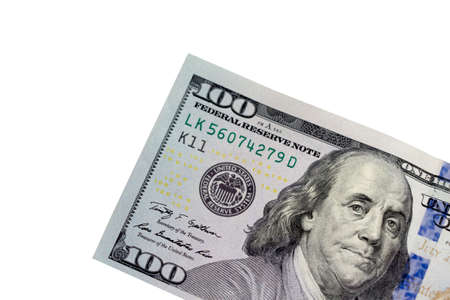 One hundred dollar bill closeup on white backgroundの写真素材