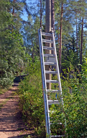 Telescopic ladder leaning against  wooden electric pole in small rural lane on  sunny day during repairing electrical networks.の写真素材