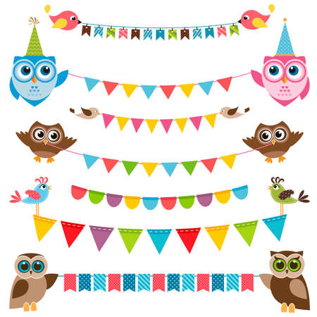 Garland and bunting set with birdsのイラスト素材