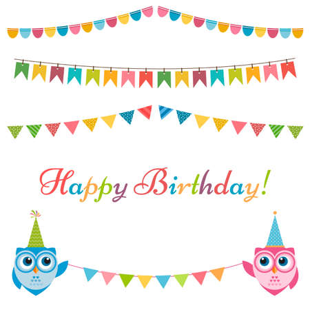 Birthday garlands, flags and two owlsのイラスト素材