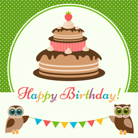 Birthday card with cake and cute owlsのイラスト素材