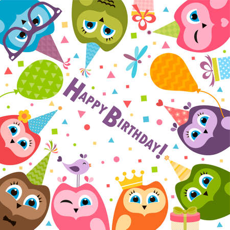 Birthday card with cute owlsのイラスト素材
