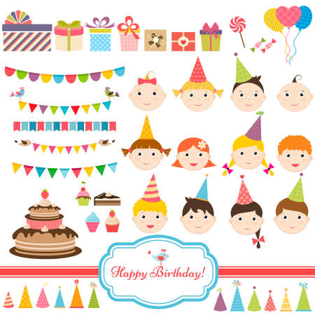 Birthday party set with childrenのイラスト素材