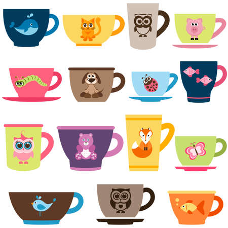 coffee and tea cups with animalsのイラスト素材