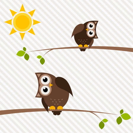brown owl and owlet on the treeのイラスト素材