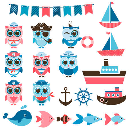 sailor owls, fish and water transportのイラスト素材