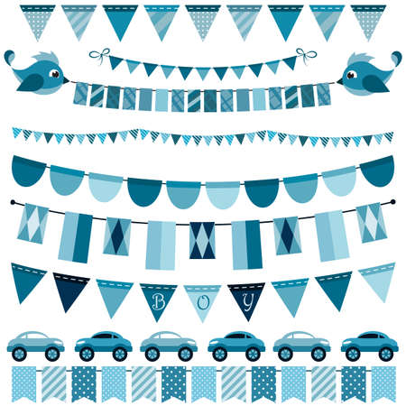 Blue flags, bunting and garland set for boysのイラスト素材