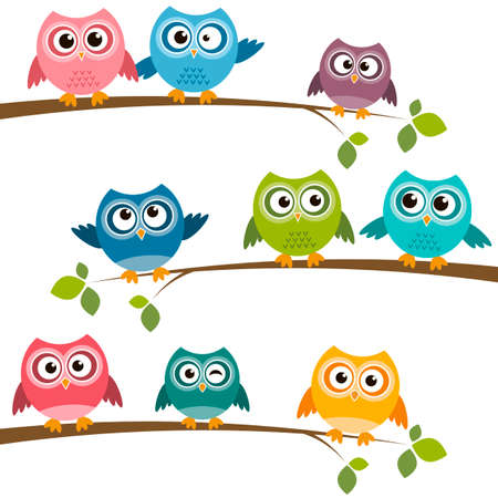 Set of colorful cartoon owls on branchesのイラスト素材
