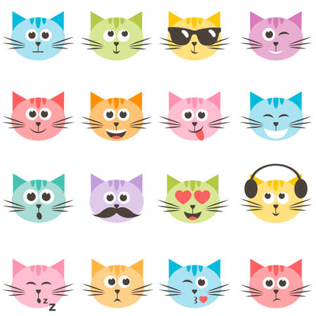 cute colorful cat faces setのイラスト素材