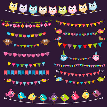 Colorful flags and garlands set with birdsのイラスト素材