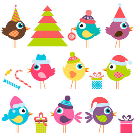 set of funny birds with santa hatsのイラスト素材