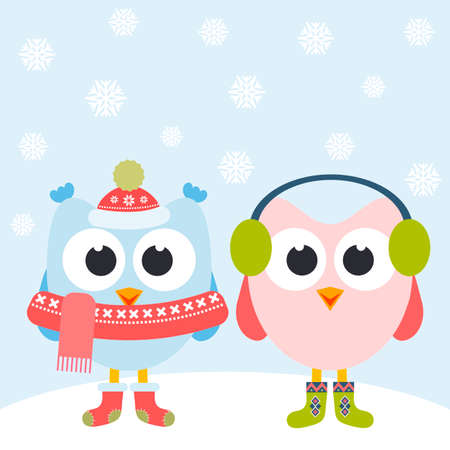 Cute owls and snowflakesのイラスト素材
