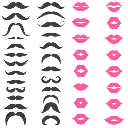 Set of mustache and pink lips isolated on whiteのイラスト素材