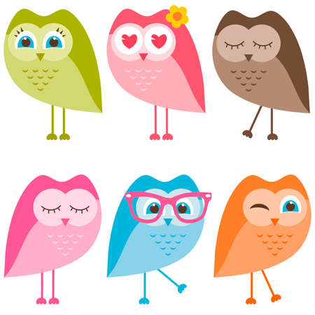 set of owls and owlets isolated on whiteのイラスト素材