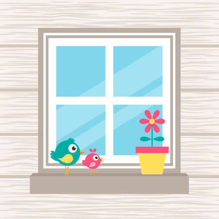 birds, flower and window on the wood backgroundのイラスト素材