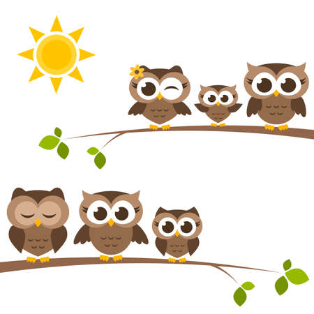 Brown owls and owlets on the treeのイラスト素材